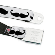 BD Wings Logo CLOSE-UP Full Color Black Silver Seatbelt Belt - Mustache Trio White/Black Webbing