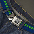Load image into Gallery viewer, BD Wings Logo CLOSE-UP Full Color Black Silver Seatbelt Belt - Racing Stripe Navy/Bright Green Webbing
