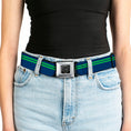 Load image into Gallery viewer, BD Wings Logo CLOSE-UP Full Color Black Silver Seatbelt Belt - Racing Stripe Navy/Bright Green Webbing
