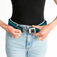 Load image into Gallery viewer, BD Wings Logo CLOSE-UP Full Color Black Silver Seatbelt Belt - Racing Stripe Navy/Bright Green Webbing
