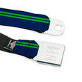 Load image into Gallery viewer, BD Wings Logo CLOSE-UP Full Color Black Silver Seatbelt Belt - Racing Stripe Navy/Bright Green Webbing
