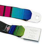 BD Wings Logo CLOSE-UP Full Color Black Silver Seatbelt Belt - Zarape7 Vertical Pinks/Blues/Greens/Black Webbing