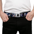 Load image into Gallery viewer, BD Wings Logo CLOSE-UP Full Color Black Silver Seatbelt Belt - Plaid X2 Navy/White/Orange Webbing
