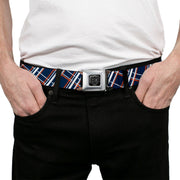 BD Wings Logo CLOSE-UP Full Color Black Silver Seatbelt Belt - Plaid X2 Navy/White/Orange Webbing
