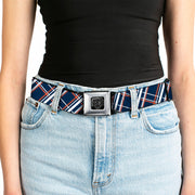 BD Wings Logo CLOSE-UP Full Color Black Silver Seatbelt Belt - Plaid X2 Navy/White/Orange Webbing