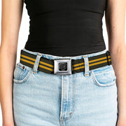 BD Wings Logo CLOSE-UP Full Color Black Silver Seatbelt Belt - Stripe Black/Gold Webbing