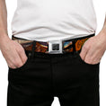 Load image into Gallery viewer, BD Wings Logo CLOSE-UP Full Color Black Silver Seatbelt Belt - Surfboard Cali Scenes/US Flag Stacked Brown Webbing
