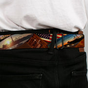 BD Wings Logo CLOSE-UP Full Color Black Silver Seatbelt Belt - Surfboard Cali Scenes/US Flag Stacked Brown Webbing