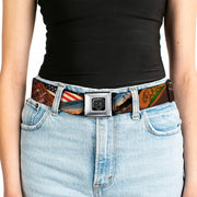 BD Wings Logo CLOSE-UP Full Color Black Silver Seatbelt Belt - Surfboard Cali Scenes/US Flag Stacked Brown Webbing