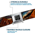 Load image into Gallery viewer, BD Wings Logo CLOSE-UP Full Color Black Silver Seatbelt Belt - Surfboard Cali Scenes/US Flag Stacked Brown Webbing
