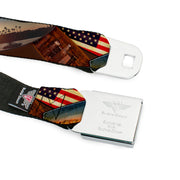 BD Wings Logo CLOSE-UP Full Color Black Silver Seatbelt Belt - Surfboard Cali Scenes/US Flag Stacked Brown Webbing