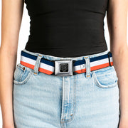 BD Wings Logo CLOSE-UP Full Color Black Silver Seatbelt Belt - Stripe Navy/White/Orange Webbing