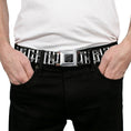 Load image into Gallery viewer, BD Wings Logo CLOSE-UP Full Color Black Silver Seatbelt Belt - Cherries Scattered/Vertical Stripe White/Black/Grays Webbing
