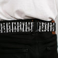 Load image into Gallery viewer, BD Wings Logo CLOSE-UP Full Color Black Silver Seatbelt Belt - Cherries Scattered/Vertical Stripe White/Black/Grays Webbing
