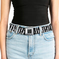 Load image into Gallery viewer, BD Wings Logo CLOSE-UP Full Color Black Silver Seatbelt Belt - Cherries Scattered/Vertical Stripe White/Black/Grays Webbing

