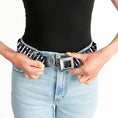 Load image into Gallery viewer, BD Wings Logo CLOSE-UP Full Color Black Silver Seatbelt Belt - Cherries Scattered/Vertical Stripe White/Black/Grays Webbing
