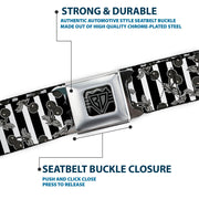 BD Wings Logo CLOSE-UP Full Color Black Silver Seatbelt Belt - Cherries Scattered/Vertical Stripe White/Black/Grays Webbing