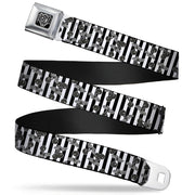 BD Wings Logo CLOSE-UP Full Color Black Silver Seatbelt Belt - Cherries Scattered/Vertical Stripe White/Black/Grays Webbing