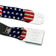 BD Wings Logo CLOSE-UP Full Color Black Silver Seatbelt Belt - Stars & Stripes Painting Webbing