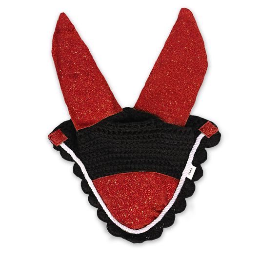 Scarlet Red Fly Hat by Southlake Paws featuring sparkly red ears and a black crocheted base with scalloped edges.