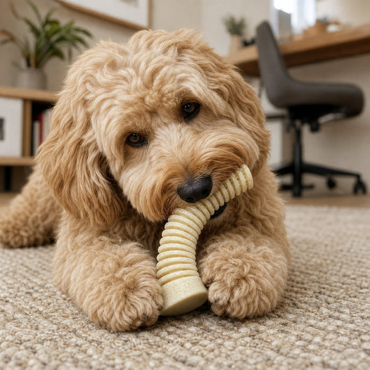 A fluffy dog chewing on a Flufflehorn Dental Antler chew toy, set in a cozy indoor environment with a rug and furniture.