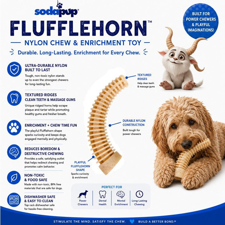 Southlake Paws Flufflehorn Dental Antler - XL indestructible nylon dog chew toy with textured ridges for cleaning teeth.