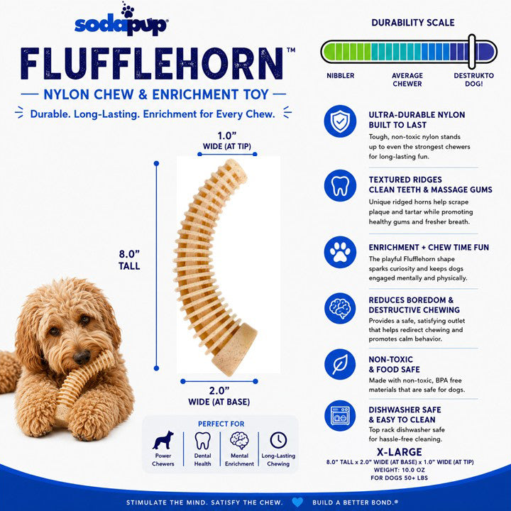 Flufflehorn Dental Antler - Indestructible Nylon Dog Chew Toy XL. Features textured ridges, non-toxic, and dishwasher safe.