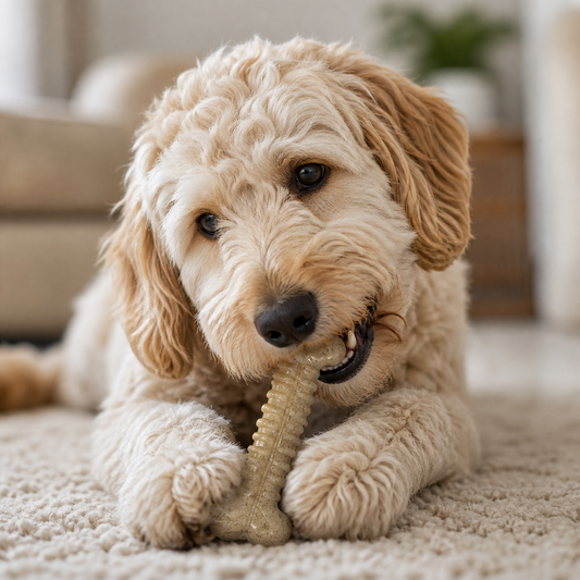 A fluffy dog chewing on a tough nylon bone toy on a soft carpet, showcasing the Southlake Paws Tough Bone for aggressive chew