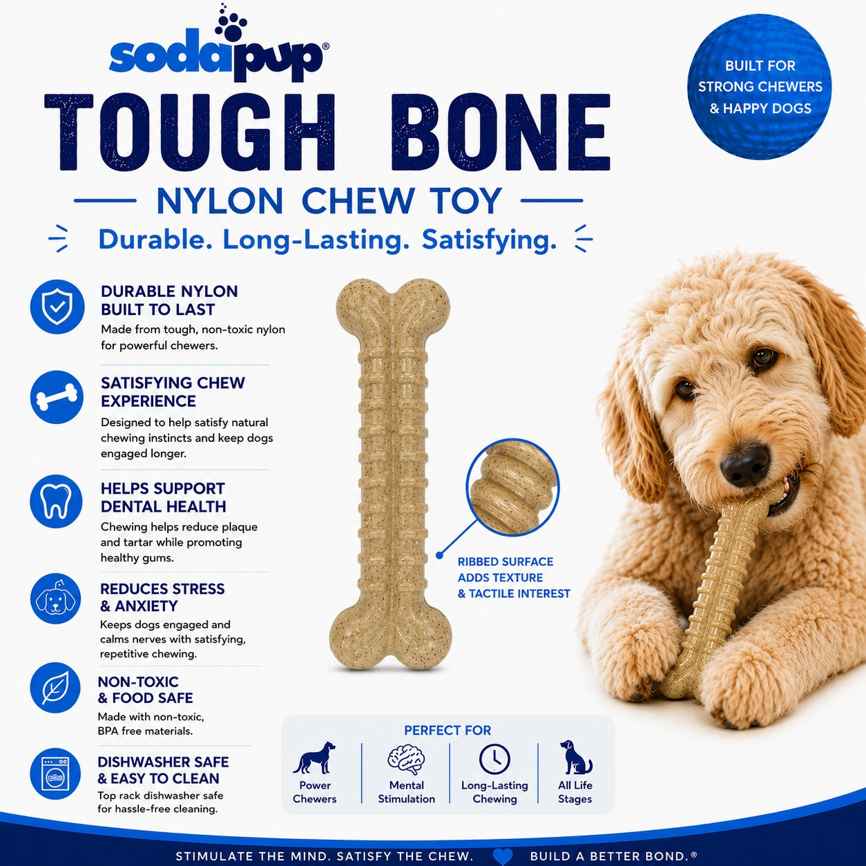 Southlake Paws Tough Bone Nylon Chew Toy for aggressive chewers, featuring a dog chewing on a durable, ribbed bone.