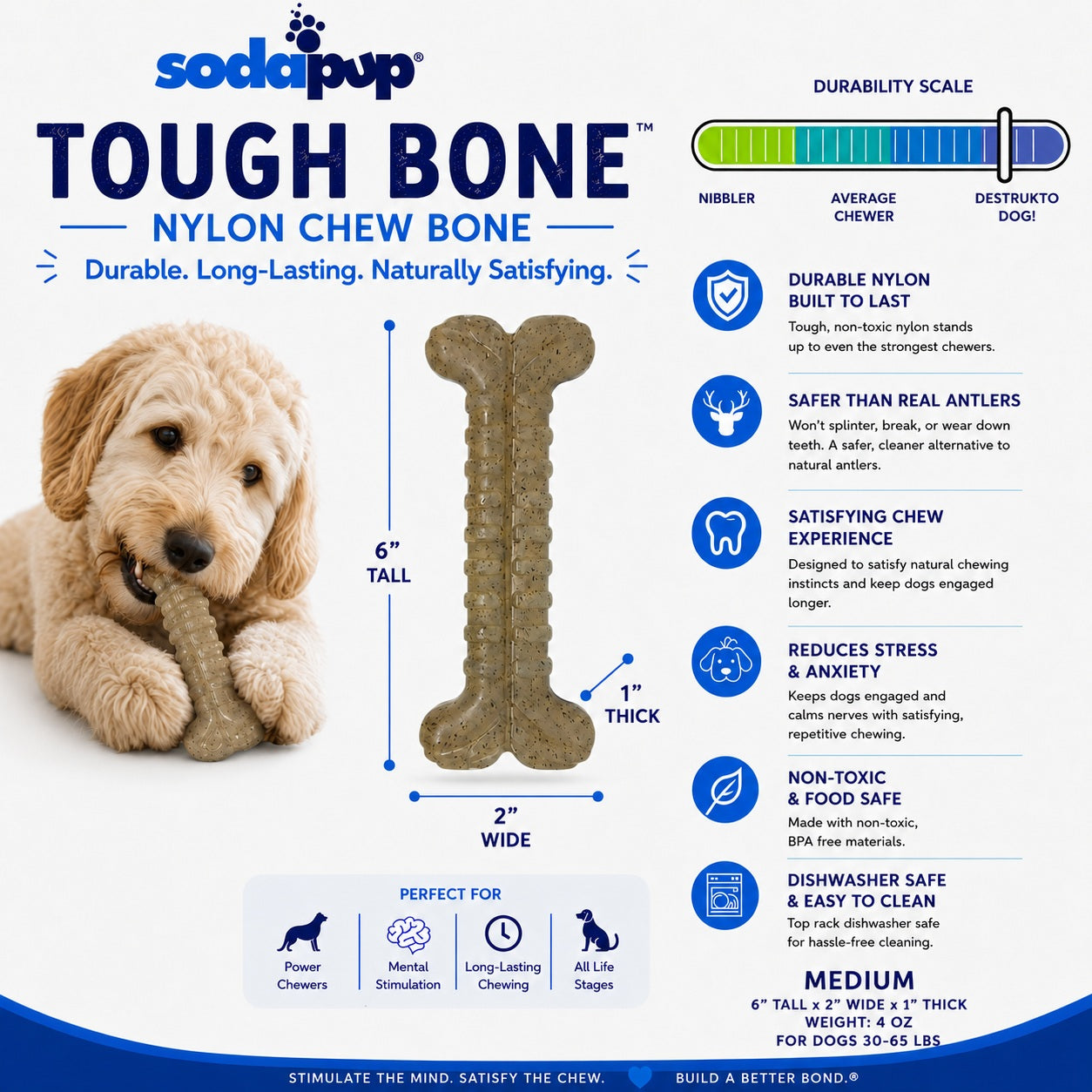 Tough Bone Nylon Chew Bone by SodaPup, ultra-durable dog toy for aggressive chewers, featuring a bone shape and durability sc