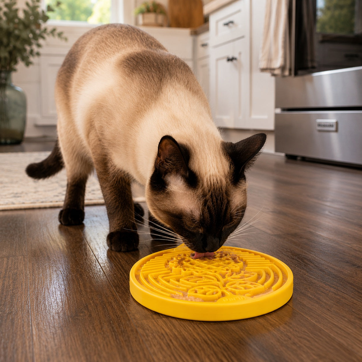 Earth eCoin Nylon Lick Mat for Dogs by Southlake Paws, yellow, with a cat licking food from it on a wooden floor.