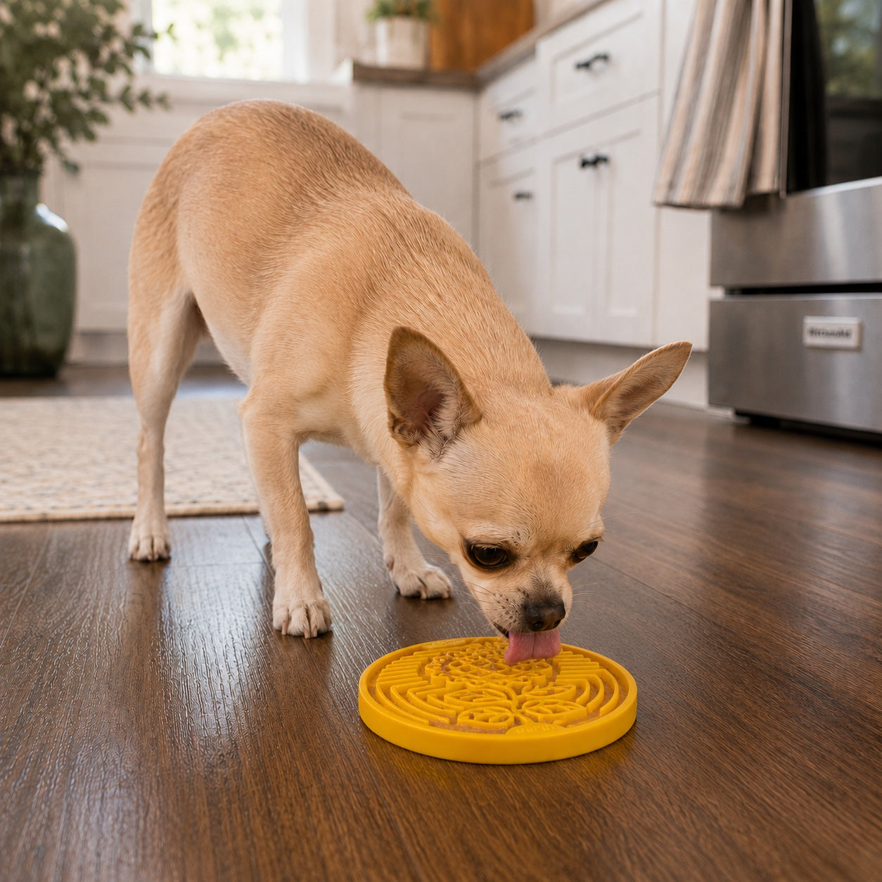 A small beige dog licks a yellow Earth eCoin Nylon Lick Mat on a wooden floor in a bright kitchen.