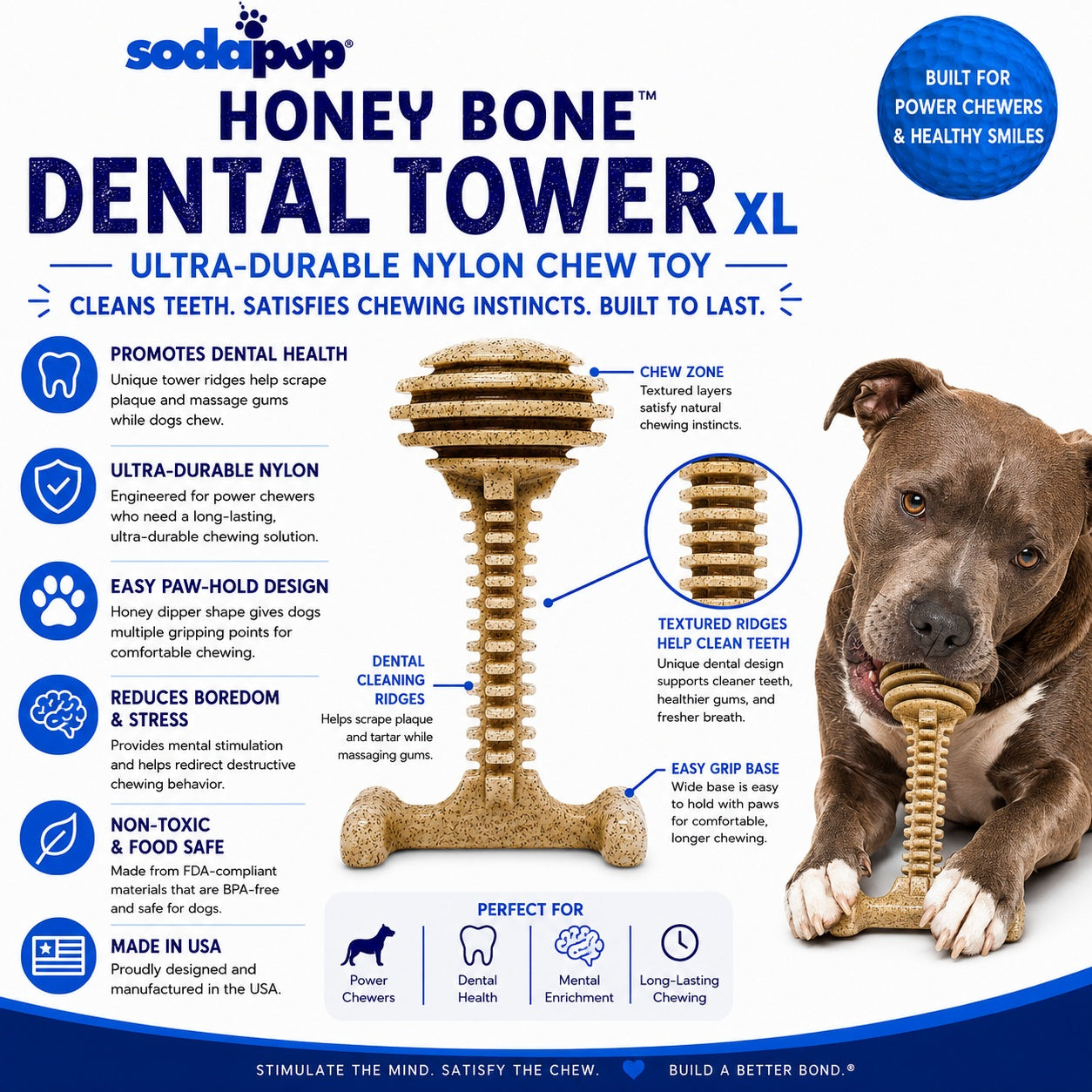 Honey Bone Dental Tower XL by Southlake Paws is an indestructible nylon dog chew toy designed for power chewers.