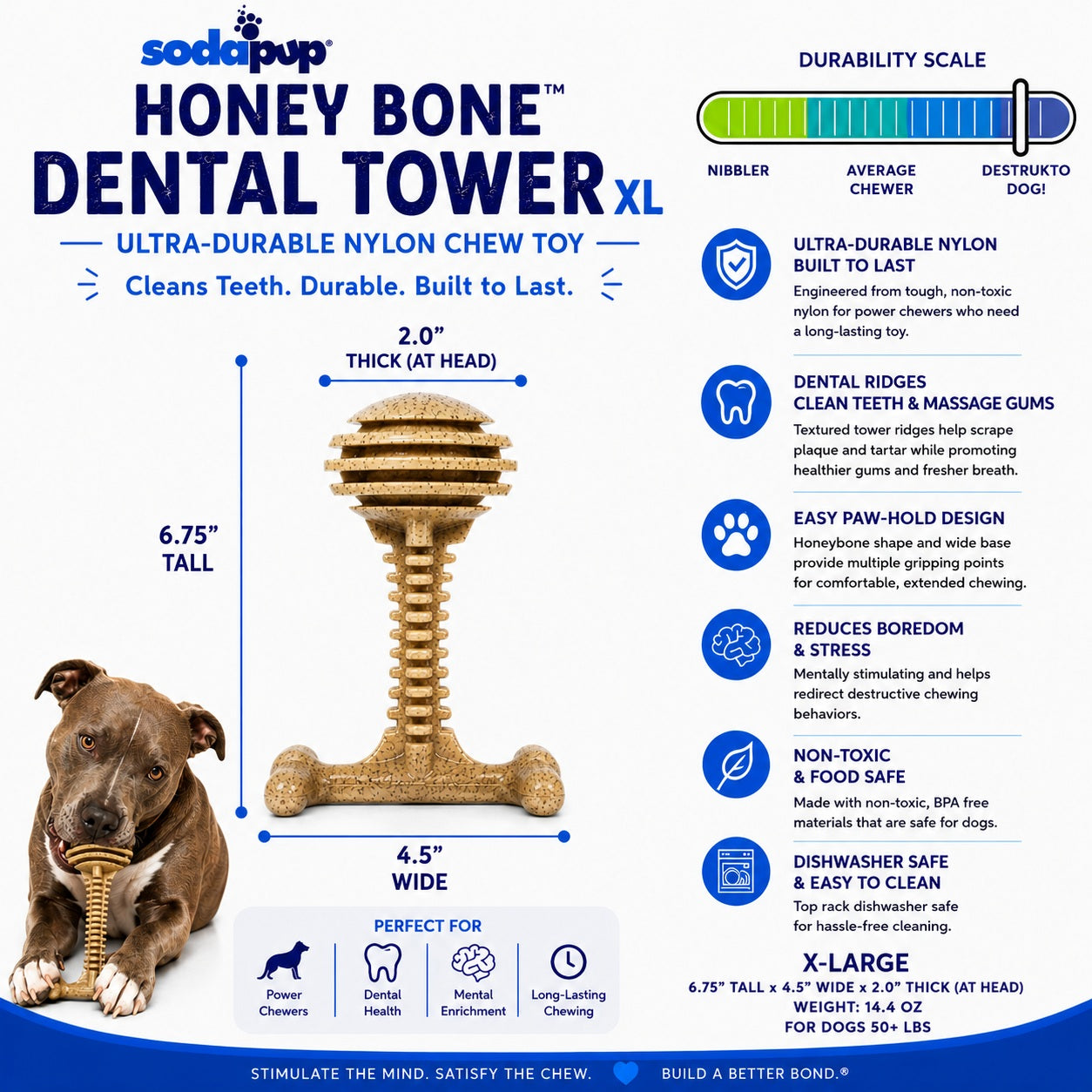 Honey Bone Dental Tower XL by Southlake Paws, an indestructible nylon dog chew toy, features textured ridges for dental clean