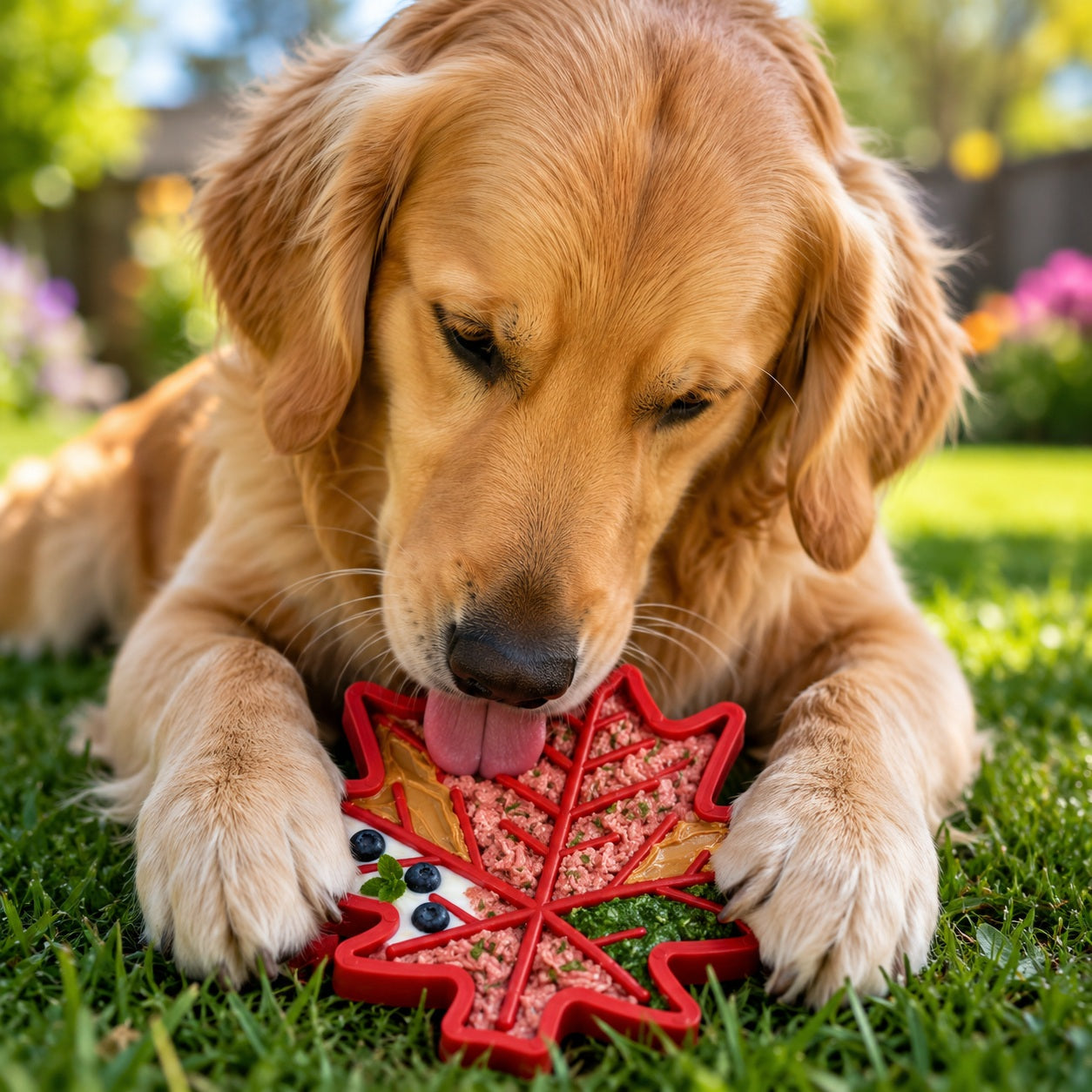Golden retriever chewing on a red Canadian maple leaf-shaped nylon dog toy, set on green grass with flowers in the background