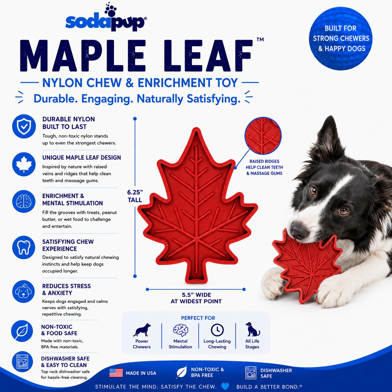 Canadian Maple Leaf Nylon Dog Chew Toy by Southlake Paws, red leaf shape, durable, non-toxic, designed for strong chewers.