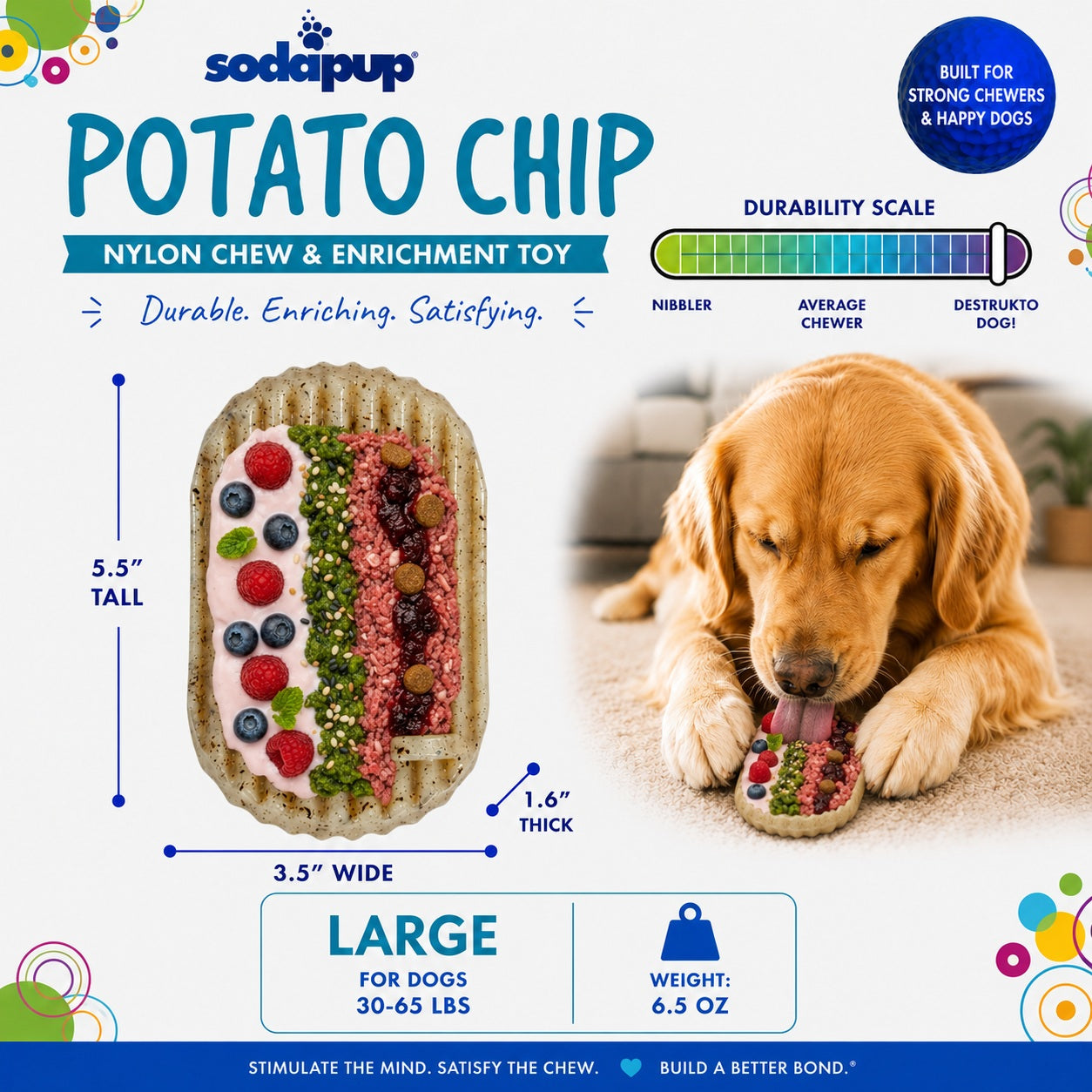 Southlake Paws Potato Chip Nylon Chew & Enrichment Toy, 5.5" tall, 3.5" wide, designed for aggressive chewers, with a dog usi