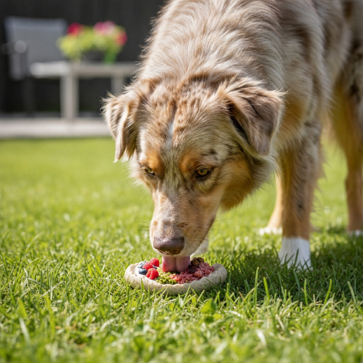 A dog chewing on a potato chip-shaped nylon toy in a grassy outdoor setting, showcasing the Southlake Paws 2-in-1 chew toy.