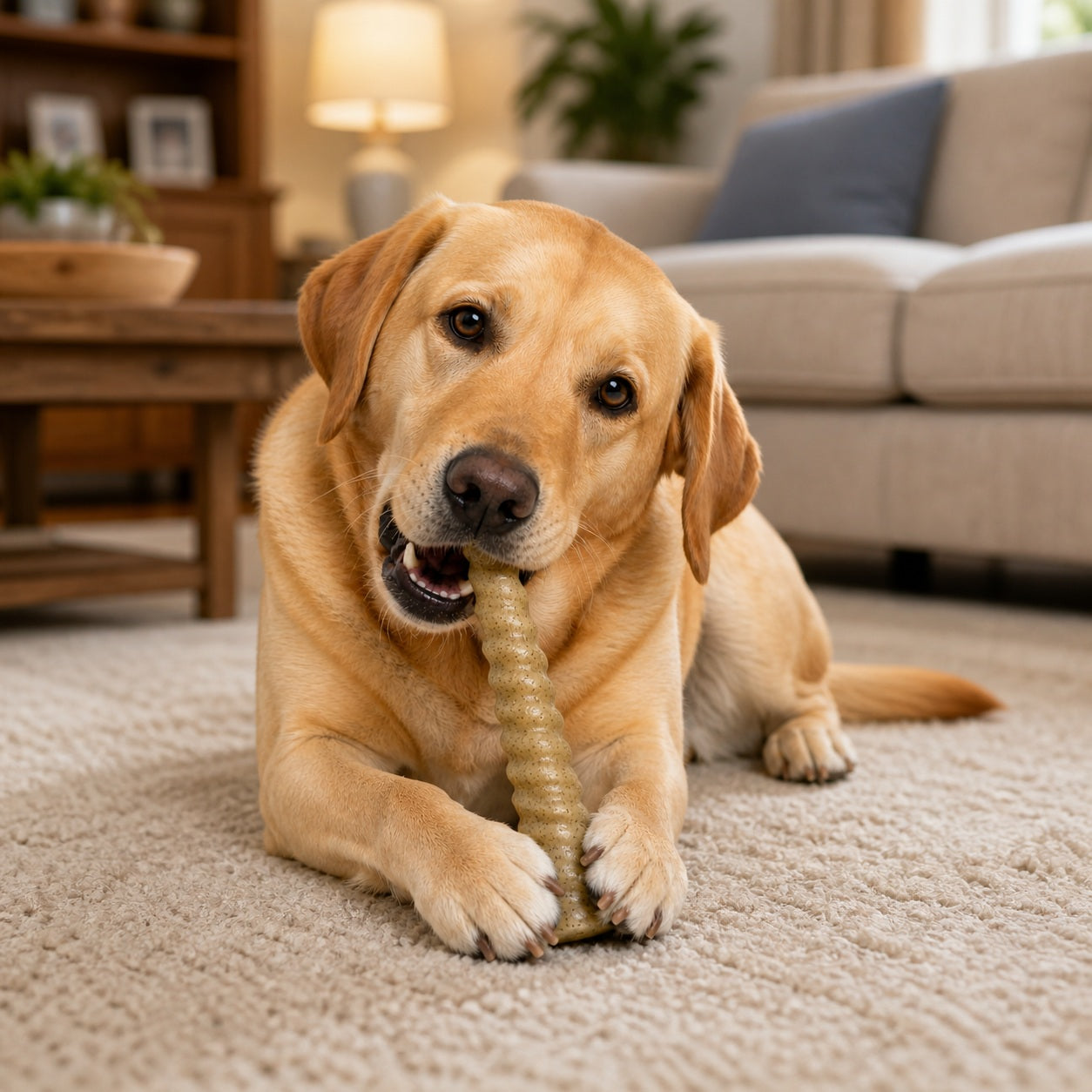 A yellow Labrador retriever chews on a durable unicorn horn nylon dog toy in a cozy living room setting.