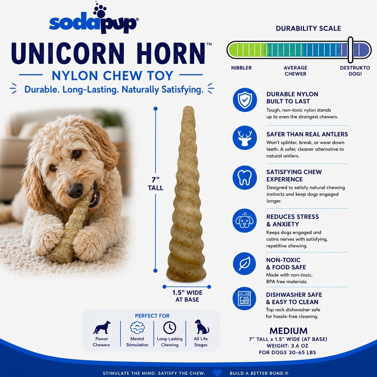 Unicorn Horn Nylon Dog Chew Toy by Southlake Paws, 7" tall, durable, designed for aggressive chewers, with a beige color.