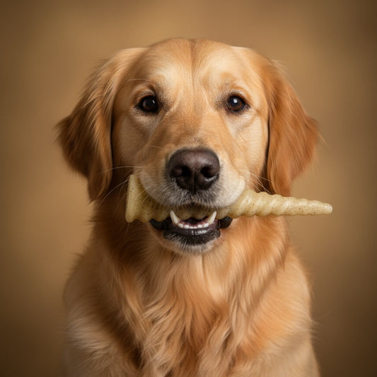 Golden retriever holding a unicorn horn nylon dog chew toy by Southlake Paws, set against a warm, neutral background.