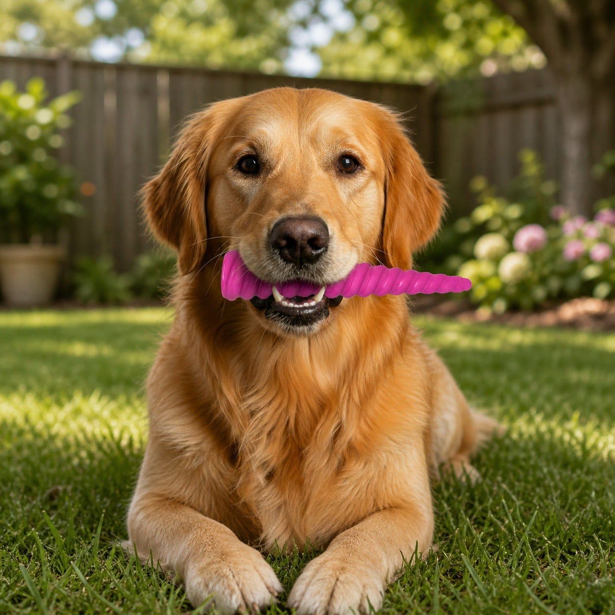 Golden retriever lying on grass, holding a pink unicorn horn chew toy by Southlake Paws, designed for aggressive chewers.