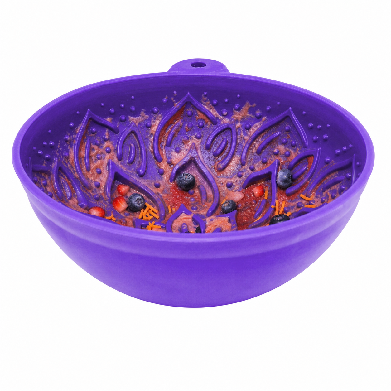 Purple Garden of Eatin' Tipsy Bowl by Southlake Paws, featuring a textured interior for dogs and cats to lick food. USA made.