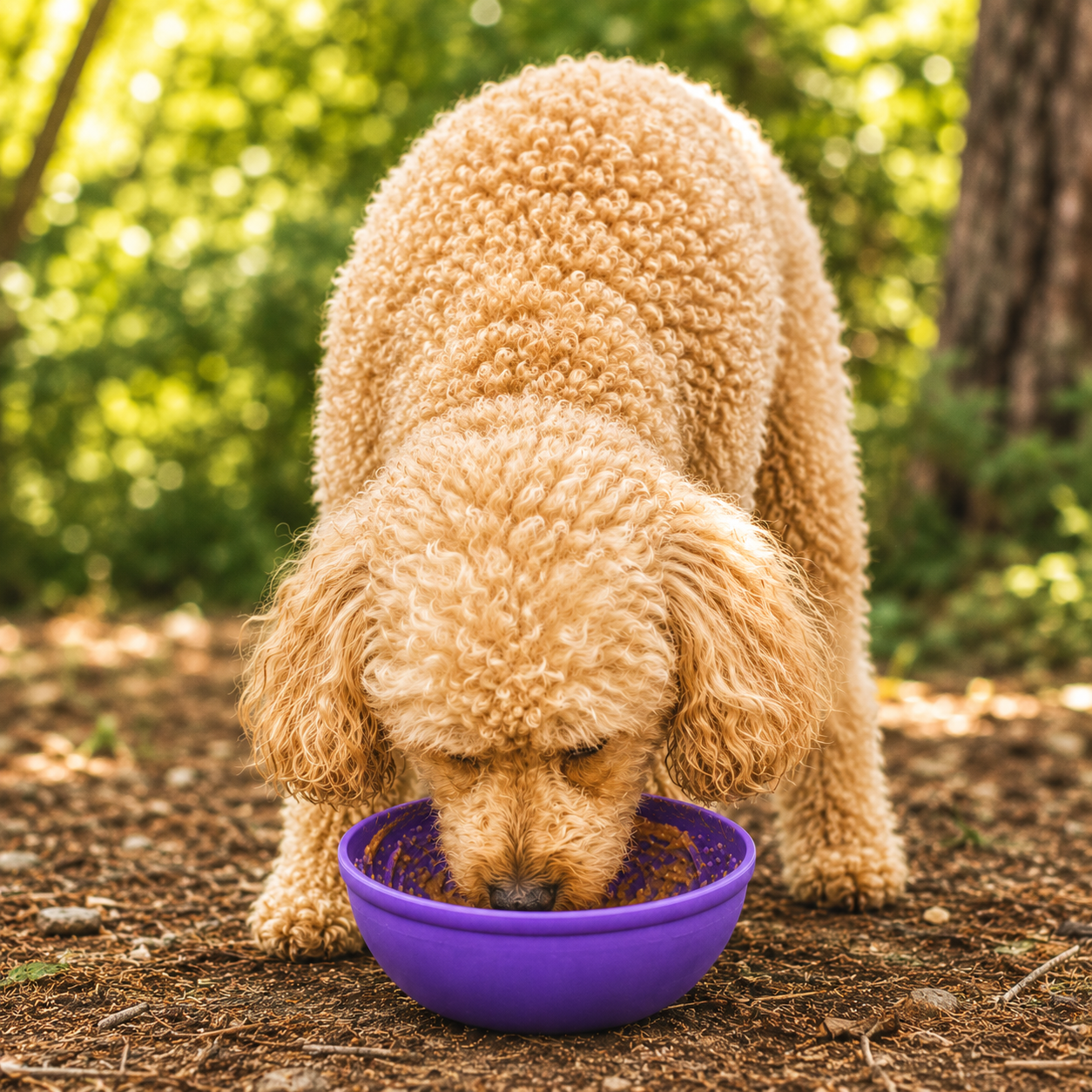 Southlake Paws Garden of Eatin' Tipsy Bowl - Wobble Lick Mat for dogs and cats, purple bowl with a dog licking inside.