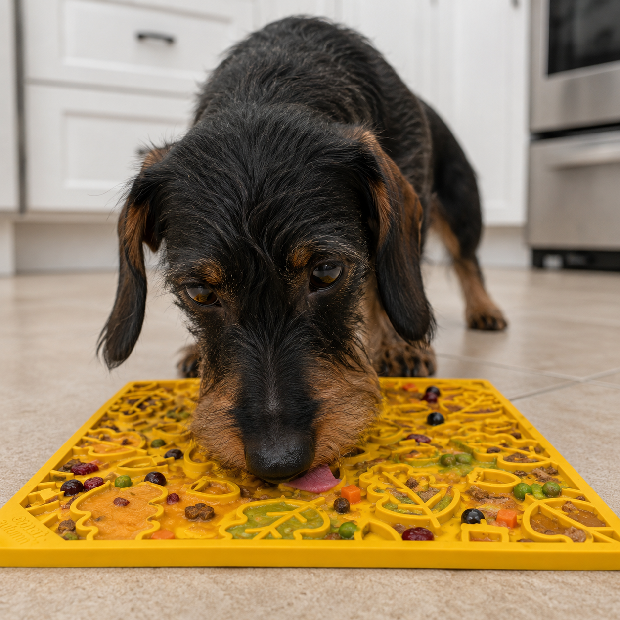 Autumn eMat by Southlake Paws in fall leaves design, featuring a dog licking food from a yellow enrichment mat.