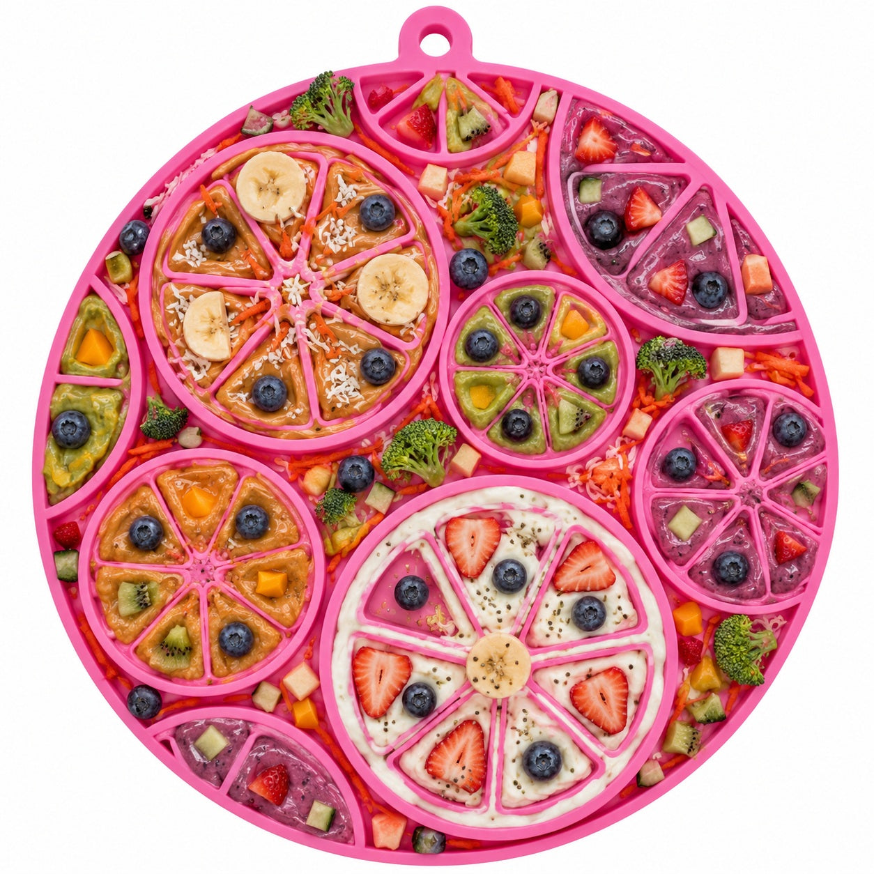 Citrus Design eMat by Southlake Paws features a colorful, circular silicone mat with fruit-shaped sections for pet enrichment