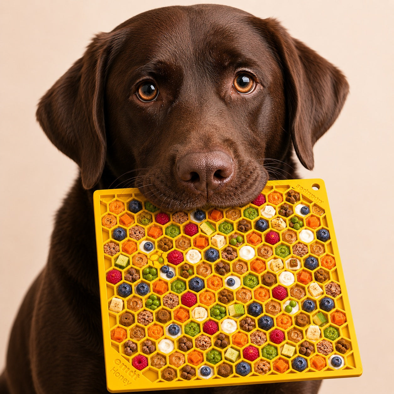 Honeycomb eMat by Southlake Paws, a yellow enrichment lick mat for dogs and cats, held by a brown dog.