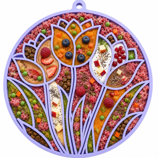 Southlake Paws Tulip Design eMat features a colorful floral pattern with compartments for food, equipped with suction cups fo