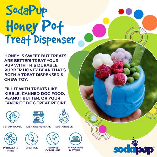Honey Pot Dog eCup Treat Dispenser by Southlake Paws, a durable rubber enrichment toy shaped like a honey bear, filled with t