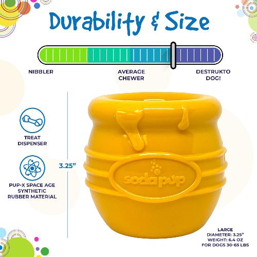 Yellow Honey Pot Dog eCup Treat Dispenser by Southlake Paws, made of durable PUP-X rubber, 3.25 inches in diameter.